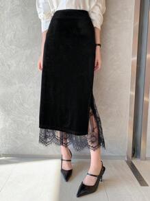 DAZY 蕾丝拼布直筒A字女裙，优雅时尚，秋季服装
