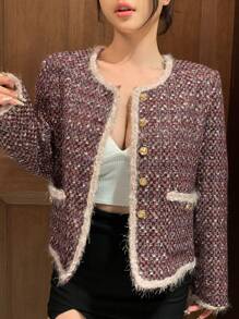 DAZY Áo khoác vải tuýt rộng rãi, tay dài, cài nút phía trước dành cho nữ - Đỏ - Xem 9