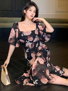 xheDAZY Vestido de gasa con estampado floral diminuto, cuello cuadrado, ribete de volantes y bajo de cola de pez, elegante conjunto de vacaciones de verano para mujeres, estilo boho para Pascuaxhe - Rosa Oxidada - Ver 7