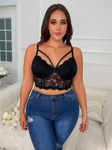 Plus Floral Lace Harness Underwire Bra Lingerie - Black - View 6