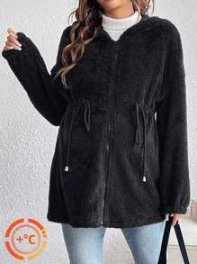 SHEIN Maternity Solid Color Front Zip Up Long Sleeve Hoodie Casual Jacket - Black - View 5