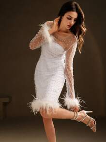 Anewsta Women Feather Print Rhinestone Beaded Mesh Long Sleeve Dress - White - View 3