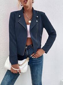 EMERY ROSE Women's Casual Street Style Solid Color Faux Suede Moto Jacket Fall Winter Cloth For Women - Royal Blue - View 6