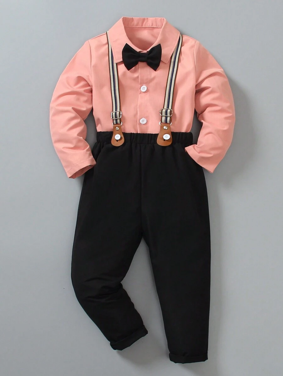 SHEIN Young Boy Gentleman 2 Pieces Set: Long Sleeve Shirt + Suspender Pants, Elegant Outfit For Valentine's Day, Birthday Party, Evening Event, Wedding, Christening, Anniversary - Pink - View 1