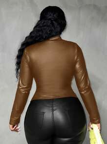 Slaydiva Plus Size Elegant Solid Color Cross Neck Design Tight Fitting Plus Size PU Women' Regular T-Shirt - Brown - View 2