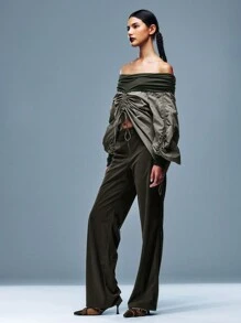 TypaGal Khaki Green One Shoulder Puff Sleeve Drawstring Shirt Winter Fall Cloth For Women - Green - View 4