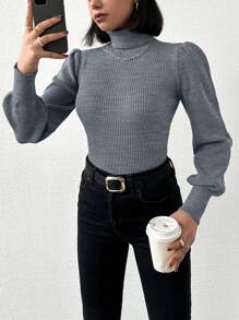 Cloudara Turtleneck Lantern Sleeve Sweater - Grey - View 3