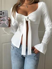 SHEIN EZwear 1 件休闲纯色系带袖口喇叭袖开衩下摆 T 恤，秋季 - 白色 - 查看 3