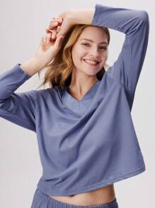 LUVLETTE 女士修身 V 领长袖长裤睡衣奢华棉质仿丝缝制女士休闲套装 - 淺藍色 - 查看 6