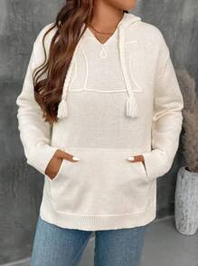 SHEIN VCAY sweat-shirt à capuche ample et décontracté pour femme grande taille avec poche kangourou, cordon de serrage réglable, design d'épaules tombantes, pull tricoté chaud pour l'automne/l'hiver - Blanc - Voir 7