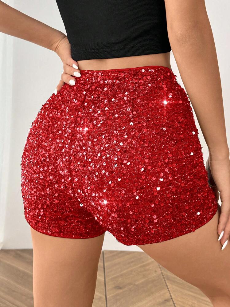 SHEIN EZwear Damen glitzernde elegante rote gestrickte Shorts - Rot - Übersicht 5