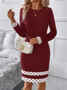 SHEIN Clasi Đầm ngắn cổ tròn tay dài họa tiết hình học đen trắng thanh lịch dành cho nữ - Màu Đỏ Sâu - Xem 4