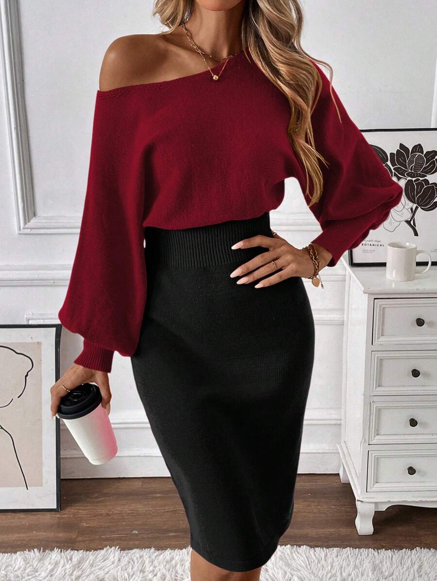 Chiquease 女士秋冬不对称领口拼色长袖修身优雅毛衣连衣裙 - 酒紅色 - 查看 1