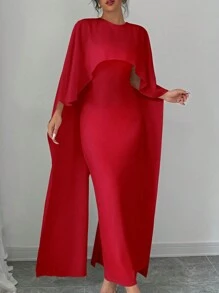 Elenzga Abito elegante da donna monocolore con maniche a pipistrello, collo rotondo, vestito da sera formale per Capodanno, abito lungo da donna