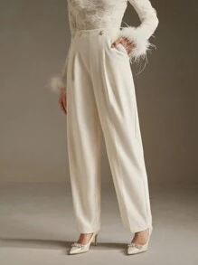 Anewsta Pantalones de mujer modernos y de moda con hebilla metálica para uso urbano