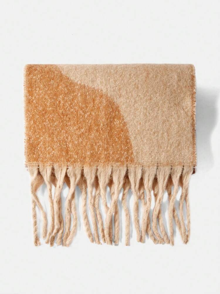 1PC BOHO STYLE COLORBLOCK FRINGED SCARF WRAP, SUITABLE FOR WINTER, GIFT, WARM
