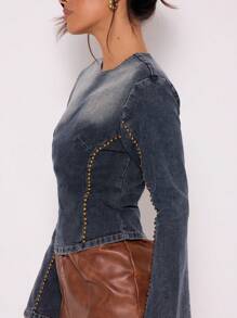 MUSERA Denim Studded Long Sleeve Top Spring 90's Cute Sexy Y2k Summer
