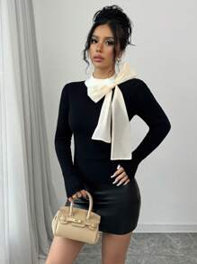 Elenzga Women Slim Fit Tie Neck Pullover Sweater Knit Pullover Fall Winter - Black - View 6