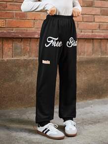SHEIN Tween Girl Letter & Number Print Elastic Waist Casual Jogger Pants - Black - View 3