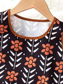 3pcs/Set Young Girl Solid Stand Collar Long Sleeve Top, Floral Print Vest And Loose Shorts Set, Casual For Autumn - Brown - View 7
