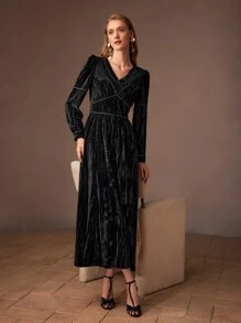 MOTF PREMIUM VELVET V-NECK PUFF SLEEVE CONTRAST PIPING LONG DRESS FOR HOLIDAY, PARTY CLOTHES, WOMEN OUTFIT - Black - View 2