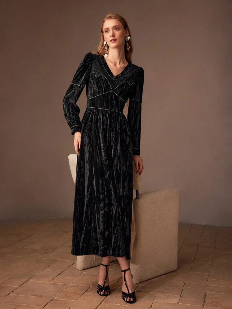 VELVET V-NECK PUFF SLEEVE CONTRAST PIPING LONG DRESS FOR HOLIDAY, PARTY CLOTHES, WOMEN OUTFIT