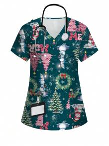 PopScrub Christmas Cartoon Snowman & Christmas Tree Print Nurse Scrub Uniform Set - White - View 5