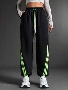 Powerista 女士侧条纹印花抽绳哈伦裤，宽松慢跑女式运动裤，适合户外和跑步 - 灰色 - 查看 6