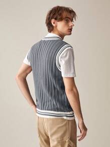 Manfinity RebelGame Áo len chui đầu cổ chữ V kẻ sọc rộng rãi cho nam, phong cách thường ngày cho mùa thu/đông - Xám - Xem 2