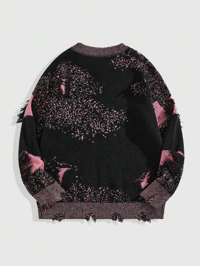 Street Life Men's Casual Letter Jacquard Distressed Knitted Pullover Sweater, Autumn/Winter