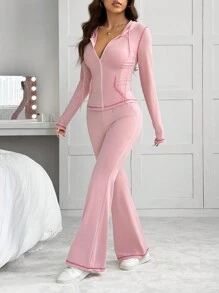 SHEIN EZwear 女士新款瑜伽运动撞色拼接修身连帽夹克和喇叭裤套装 - 粉色 - 查看 6
