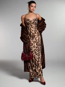 SHEIN BAE Váy dây mảnh không dây họa tiết báo bó sát thanh lịch cho nữ, Váy dây mảnh màu đỏ cho nữ, Váy dây mảnh thanh lịch cho đám cưới, Váy dây mảnh cho Giáng sinh, Váy dây mảnh cho tiệc Giáng sinh, Trang phục Giáng sinh, Trang phục Giáng sinh cho nữ, Trang phục đêm giao thừa - Màu nâu  Mocha - Xem 1