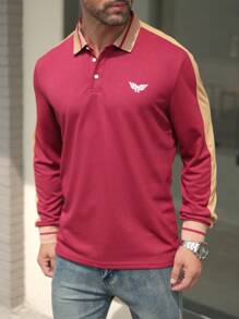 Manfinity Homme Áo thun polo in chữ và cánh phong cách thể thao thường ngày cho nam, đường may bên hông tương phản, dành cho mùa xuân và mùa thu - Đỏ - Xem 1