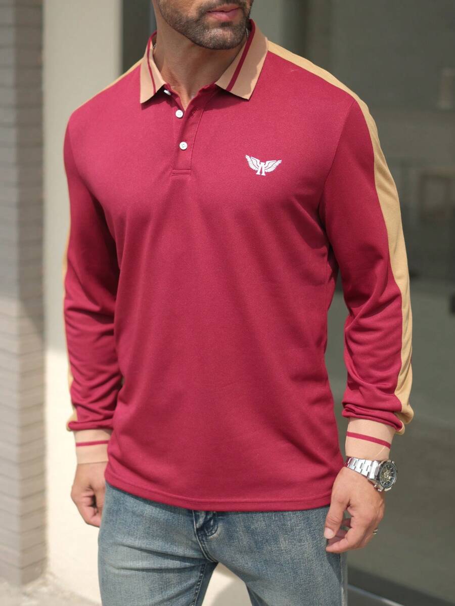 Manfinity Homme Áo thun polo in chữ và cánh phong cách thể thao thường ngày cho nam, đường may bên hông tương phản, dành cho mùa xuân và mùa thu - Đỏ - Xem 1