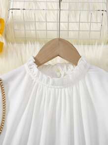 SHEIN Leap Crew Tween Girls' Woven Solid Color Jacquard Contrast Panel Stand Collar Fitted Elegant Dress - White - View 4