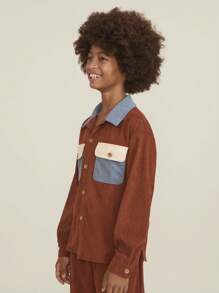 SHEIN Jaket Kasual Lengan Panjang dengan Desain Blok Warna, Kantong Serbaguna, Kerah Kuban Kancing Tunggal, Bahu Longgar, untuk Anak Laki-laki Remaja, Musim Gugur - Coklat - View 5