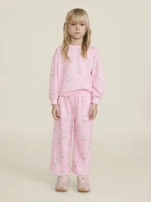 SHEIN Young Girl's Pink All-Over Print Pocket Casual Straight Elastic Waist Loose Pants, Autumn/Winter - Pink - View 3