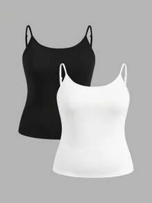 SHEIN EZwear 大码女式 2 件黑白罗纹吊带背心套装 - 黑與白 - 查看 1