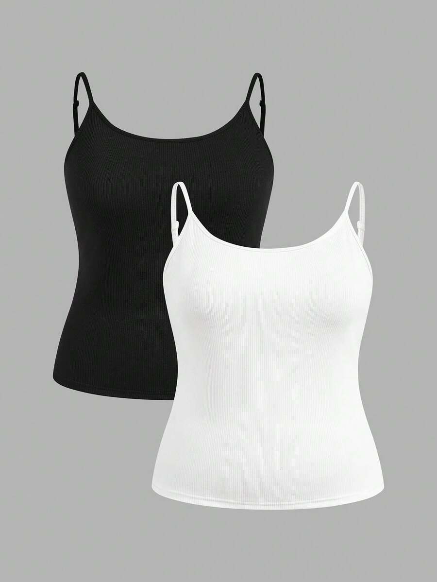 SHEIN EZwear 大码女式 2 件黑白罗纹吊带背心套装 - 黑與白 - 查看 1