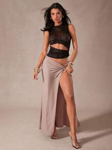 Hauture Women's Black Lace Asymmetric Cut Out Party Top