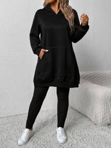 2 pièces/le set Grande taille Tenue décontractée quotidienne avec sweat-shirt à capuche ample et fente devant, et pantalon. Automne - Noir - Voir 5