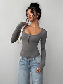 SHEIN BASICS 3pcs/Set Women's Casual Plain Knit Long Sleeve Fitted Crew Neck Half-Open Front T-Shirt