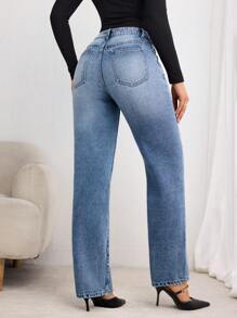 SHEIN LUNE 女士休闲水洗斜口袋直筒牛仔裤