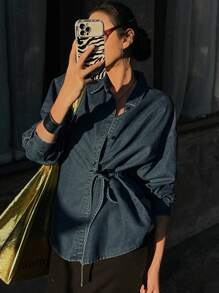 DAZY 女式前扣前系带长袖牛仔上衣 - 深色水洗藍 - 查看 3