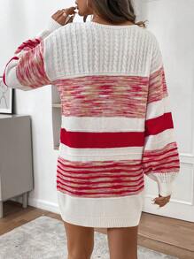 SHEIN LUNE Women Striped Round Neck Drop Shoulder Long Sleeve Casual Sweater Dress, Autumn/Winter