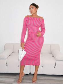 Zolique Setelan Dua Potong Sweater dan Rok Wanita Kerah Bergaris Merah Mawar Model Terbaru untuk Musim Gugur dan Musim Dingin - Hot Pink - View 4