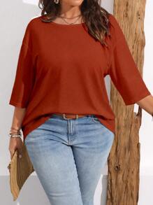 SHEIN LUNE Plus Size Crew Neck Short Sleeve Solid Color Simple Loose Casual Comfy T-Shirt Fall - Coral Orange - View 1