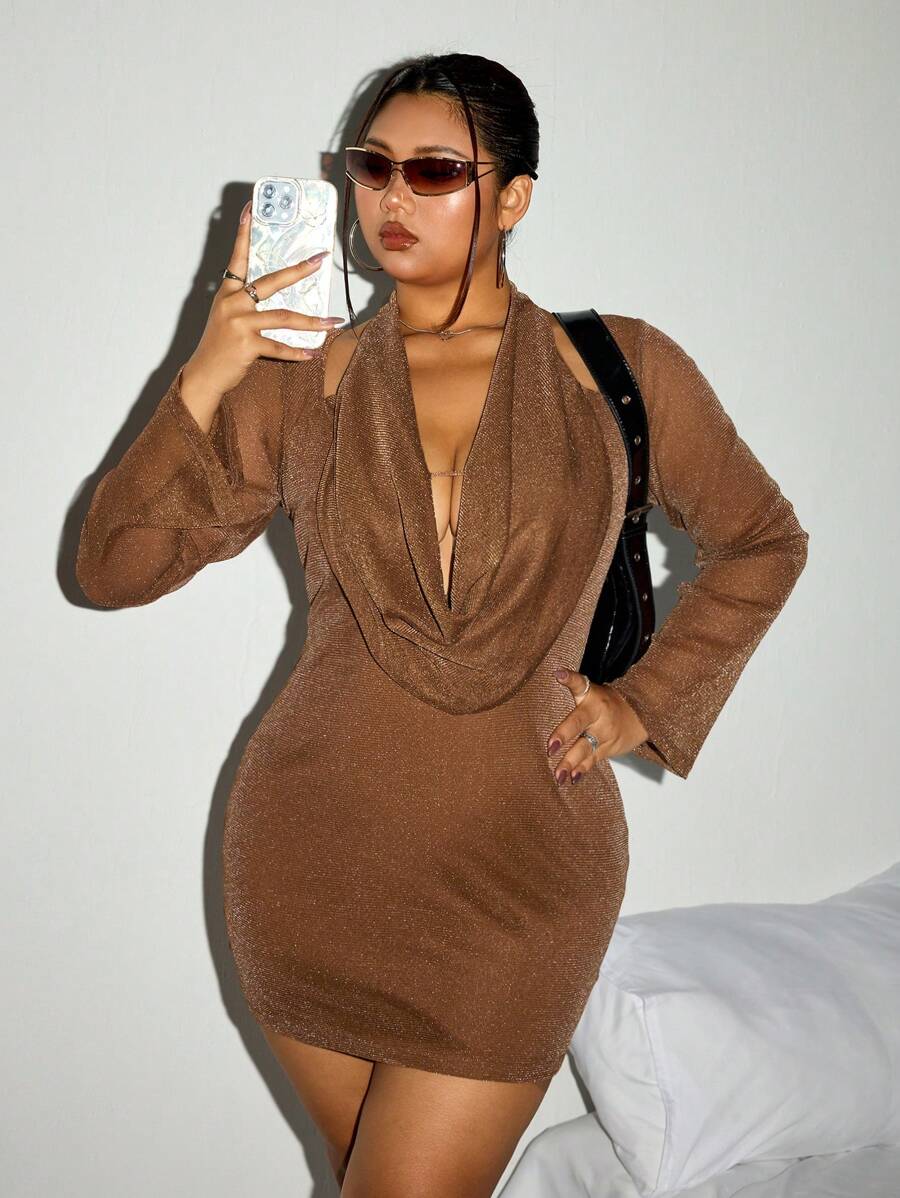 SHEIN ICON Plus Size Women Icon Pattern Halter-Neck, Knit Long Sleeve Dress - Brown - View 1