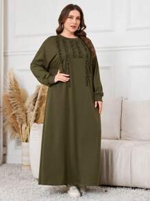 Al Najma 加大码简约优雅纯色荷叶边长款运动衫连衣裙，休闲连衣裙运动衫，适合日常休闲 - 綠色 - 查看 6