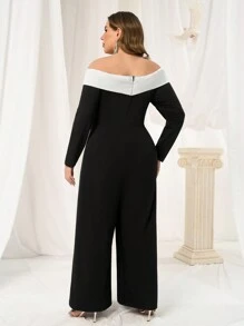 SHEIN Belle Bộ đồ liền thân ống rộng tối giản màu đen trắng thiết kế trễ vai thanh lịch cỡ lớn tay dài cạp cao - màu đen - Xem 2